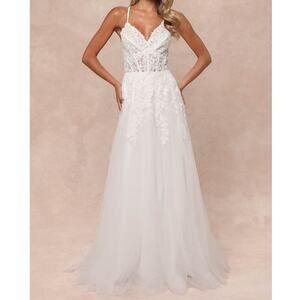 Lulus Bridal NWT Glorious Luxury White Sheer Tulle Embroidered Beaded Maxi Gown